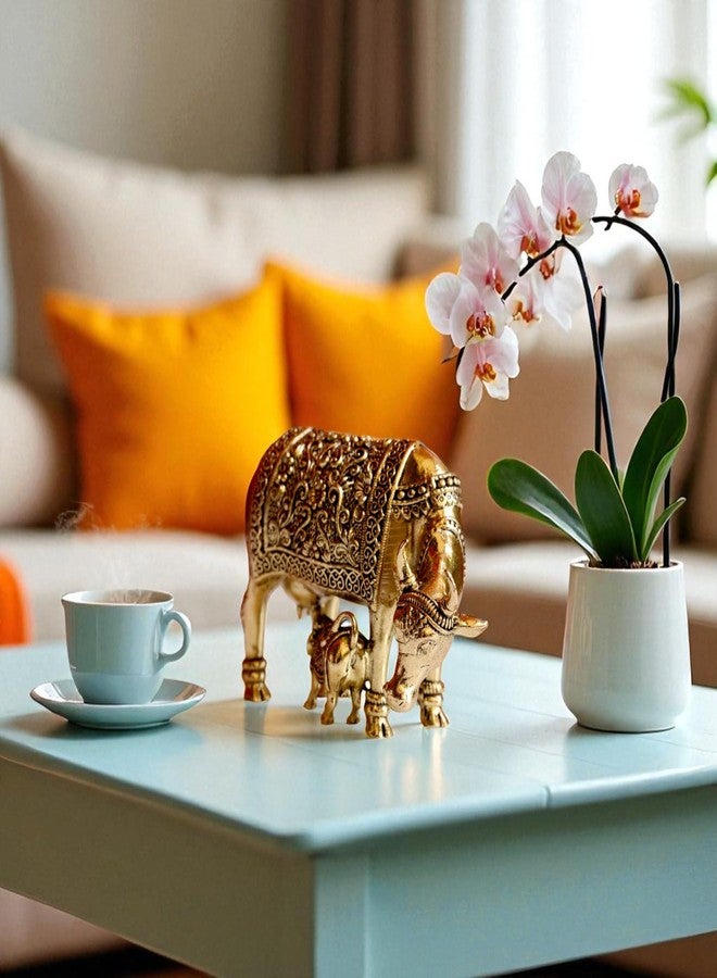 RAISOM Pure Brass Kamdhenu Cow with Calf Idol | Small Size Kamdhenu Gau MATA Sculpture for Showpiece, Temple, Gifting | Hand Engraved Design with Everlasting Shine | Height: 2", Weight: 120 GMS - Image 4
